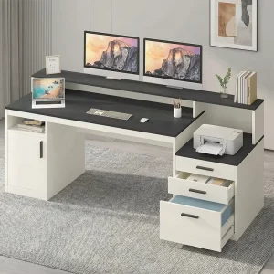 Commercial Furniture 65 Inch Office Computer Desk with 3 Drawers & Storage Shelves Executive Desk with Long Monitor Stand