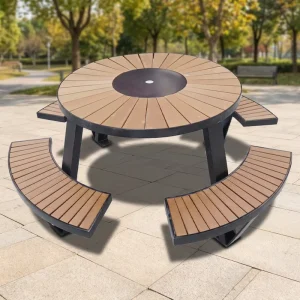 Commercial Galvanized Steel WPC Wood Modern Waterproof Picnic Table Set with Bench for Outdoor Dining Hotel Park Use