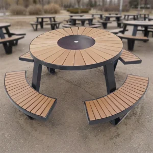 Commercial Galvanized Steel and WPC Wood Modern Outdoor Table Set with Bench Dining Picnic Table for School Hotel and Park Use