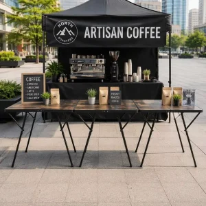 Commercial Grade Heavy Duty Folding Table Triangle Stable Design Wood Grain Aluminum Camping Table for Hotel and Resort