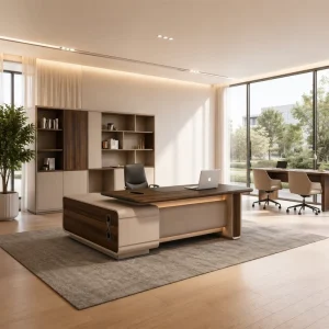 Commercial Grade Laminated Veneer Executive Desk U shaped Waterproof Luxury Office Furniture Set with Side Cabinet Led Lighting