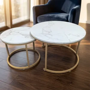 Commercial Grade Modern Coffee Table Set 2 Round Nesting Tables Gold Metal Frame Hotel Apartment