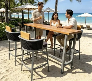 Commercial Grade Outdoor Garden Bar Set Rectangle Metal Pub Table and Creative Backrest Rope Bar Stools Supplier