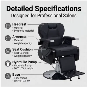 Commercial Grade Reclining Barber Chair Black PU Leather Salon Chair with Hydraulic Pump for Hair Shop