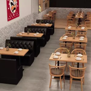 Commercial Grade Restaurant Booth Table Chair Set Black Tufted Leather Booth Seating Wood Table Chairs for Bistro Cafe Fast Food