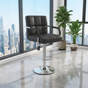 Commercial Grade Swivel Bar Stool Waterproof PU Seat Chrome Frame Armrest Lift Height Chair for Hotel
