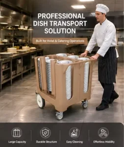 Commercial Hotel Dish Caddy Plate Storage Transport Trolley with Adjustable Columns and Swivel Casters Food Grade PE