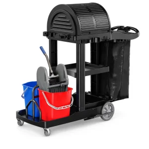 Commercial Hotel Housekeeping Cleaning Trolley with Sliding Lid Storage Shelf Side-Mounted Nylon Bag and Mop Wringer