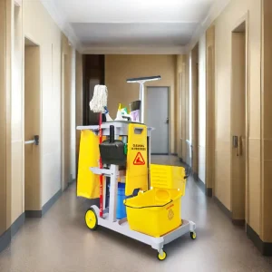 Commercial Hotel Room Service Plastic Janitor Cart Cleaning Trolley with Refuse Bag 4 Wheel TPR Mute Wheels Black Door and Lock