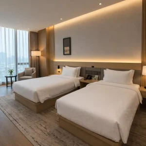 Commercial Hotel Standard Twin Bed Room Furniture Full Set Nightstand TV Cabinet Coffee Chair Hotel Guestroom Furnishings