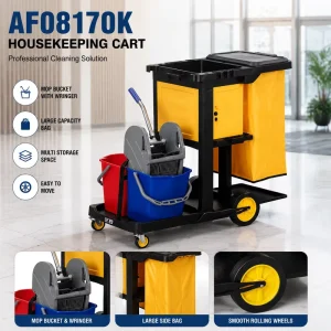 Commercial Housekeeping Cart with Mop Bucket Wringer Large Bag and Wheels for Hotel Janitorial Cleaning