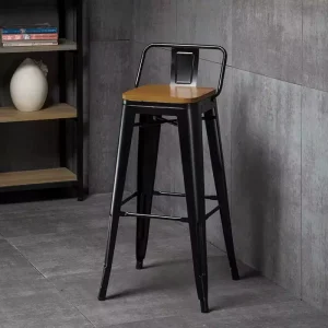 Commercial Industrial Bar Stool Chairs Dining Cafe Restaurant Metal Iron High Back Rest Tolix Bar Stool With Wooden Seat