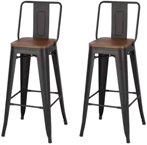 Commercial Industrial Furniture Dining Cafe Restaurant Bistro Metal Iron High Back Rest Bar Stool Chair With Wooden Seat