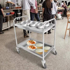 Commercial Kitchen Serving Trolley 2 Tier Deep 0.8mm Thick Stainless Steel SS201 430 Food Cart Restaurant Hotel Supplies
