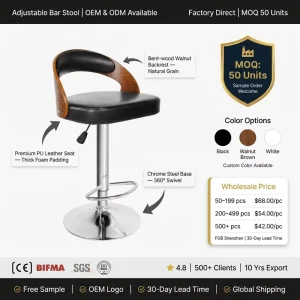 Commercial Leather Bar Chair with Metal Base Walnut Bentwood Backrest Heavy Duty Swivel Stool for Projects Bar Stools Adjustable