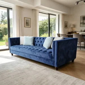 Commercial Luxury Comfort Blue Lounge Couch Hotel Villa Furniture Wood Frame Velvet Upholstered 3 Seater Deep Sofa for Living