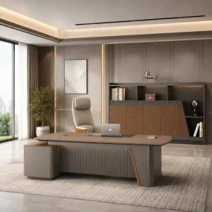 Commercial MFC Manager Office Furniture Set Leather Executive Chair Walnut Wood Side Cabinet