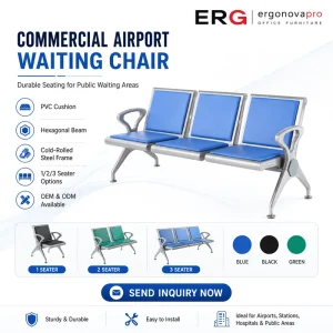 Commercial Modern Airport Waiting Chair 3 Seater Leather Cushion Outdoor Mall Public Seating Bench with Iron Frame