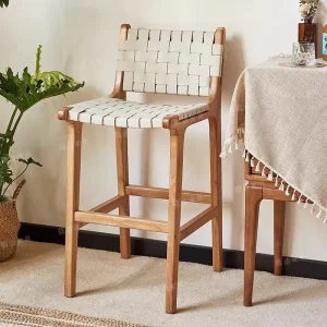 Commercial Modern Bar Stool with Faux Leather Seat Woven Back and Beech Wood Frame for Hotel Restaurant Kitchen Use