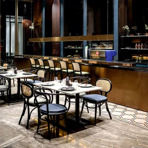 Commercial Modern Square Sintered Stone Rattan Leather Cafe Table with Chairs Set High Bar Stool Furniture for Restaurant
