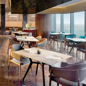 Commercial Modern Wooden Hotel Custom Luxury Contract Beige Marble Pedestal Table Restaurant Furniture Set
