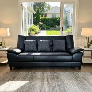 Commercial Nordic Black Guest Waiting Room Wide Seat Loveseat Couch Hotel Villa PU Leather Wood Frame 3 Seater Sofa for Living