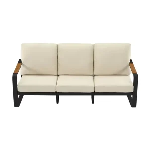 Commercial Outdoor Lounge Sofa Chair with Beige Cushions Black Aluminum Frame Wood Armrests Modern Hotel Patio Furniture