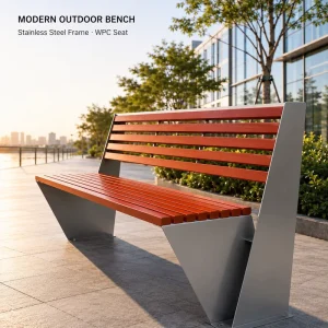 Commercial Outdoor Park Bench Stainless Steel Frame WPC Wood Slats Public Street Garden Seating OEM