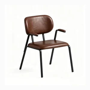 Commercial PU Leather Upholstered Dining Chair Black Metal Frame Armrest Restaurant Cafe Hotel Project Supply Manufacturer China