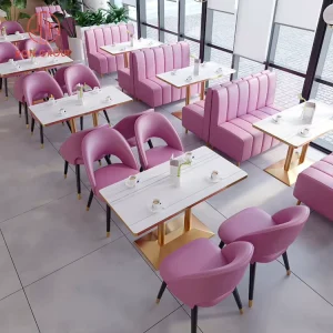 Commercial Pink Leather Restaurant Couch Booth Sofa Set with Matching Chairs and Marble Table Gold Base for Sweet Cafe