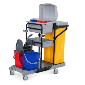 Commercial Plastic Janitorial Cleaning Cart with Double Mop Buckets Wringer Waste Bag and Storage Trays for Hotels