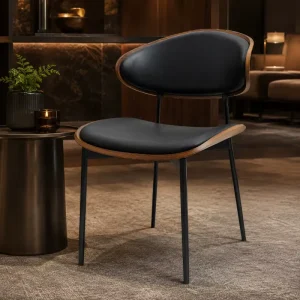 Commercial Restaurant Chairs Black PU Leather Faux Wood Curved Back Stack Friendly Dining Chair for Projects OEM ODM Bulk