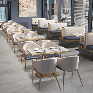 Commercial Restaurant Customized Leather Wood Sofa Booth Dining Rock Slab Table Chair Furniture Mall