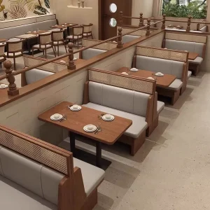 Commercial Restaurant Dining Shop Wooden Durable Furniture Dining Table with Chairs, Couch, Sofa, Leather Furniture