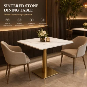 Commercial Restaurant Dining Table Square Sintered Stone Top Pedestal Base Hotel Furniture for Cafe Bistro Canteen Use