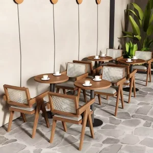 Commercial Restaurant Furniture Coffee Table and Chairs Set Solid Wood Frame Rattan Pu Leather Chair Booth Table