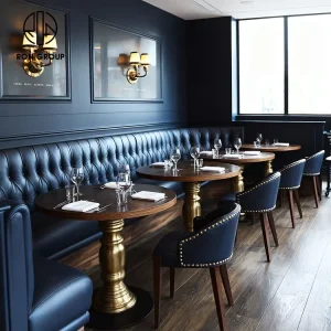 Commercial Restaurant Furniture Round Wood Metal Base Table Leather Chair Set Curved Tufted Booth Seating