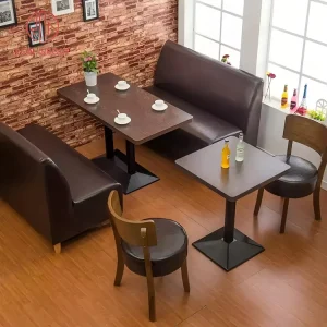 Commercial Restaurant Furniture Set Genuine Leather L Shaped Booth Sofa with Square Wood Dining Table and Chair for Cafe