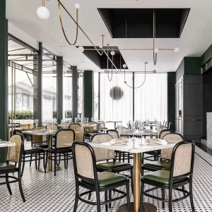 Commercial Restaurant Furniture Solid Wood Rattan Back Restaurant Chair Metal Base Stone Table for Cafe Bistro Hotel Project