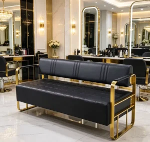 Commercial Salon Reception Waiting Seat Black Leather Bench Type Waiting Chair for Spa Lobby