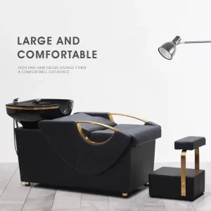 Commercial Salon Shampoo Bed PU Leather Semi Reclining Flushing Style Ceramic Basin Wood Frame Modern Minimalist Design for