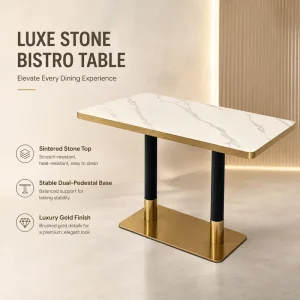 Commercial Sintered Stone Rectangular Dining Table with Gold Metal Frame Luxury Restaurant Furniture for Hotel Cafe Bistro