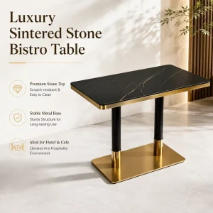Commercial Sintered Stone Rectangular Dining Table with Gold Metal Frame Luxury Restaurant Furniture for Hotel Cafe Bistro
