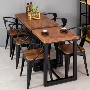 Commercial Solid Wood Eco Friendly Durable Dining Table Chairs Set Industrial Design Style Metal Legs Slat Back Restaurants Bars