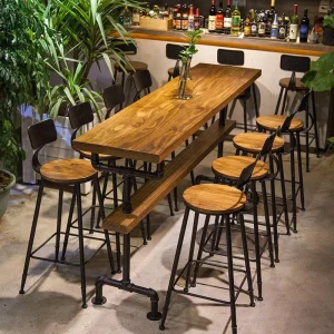 Commercial Solid Wooden High Table Set Bar Nightclub Whisky Bistro Cocktail Metal Frame Water Pipe Table and Chairs