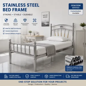 Commercial Stainless Steel Bed Frame Metal Single Bed for School Dormitory Hotel Staff Room Furniture Bulk