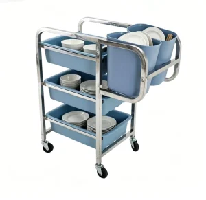 Commercial Stainless Steel Dish Trolley With Plastic Tub for Hotel Buffet School Canteen Dirty Plate Cutlery Recycling Cart