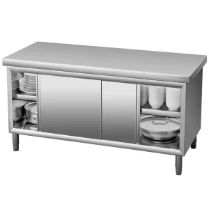 Commercial Stainless Steel Double Pass Worktable with Sliding Door Kitchen Prep Work Bench Cabinet for School Kitchens Hospital