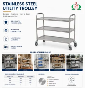 Commercial Stainless Steel Service Trolley Heavy Duty Hotel Utility Cart with Lockable Silent Wheels for Restaurant CE