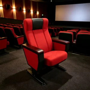 Commercial Theater Auditorium Cinema Seating with Writing Pad Ventilated Back Shell Solid Wood Armrest Steel Leg Plastic Seat